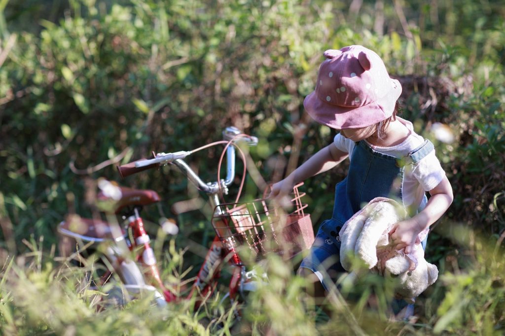 child, bike, field, childhood, kid, young, girl, young girl, little girl, dress, outfit, meadow, outdoors