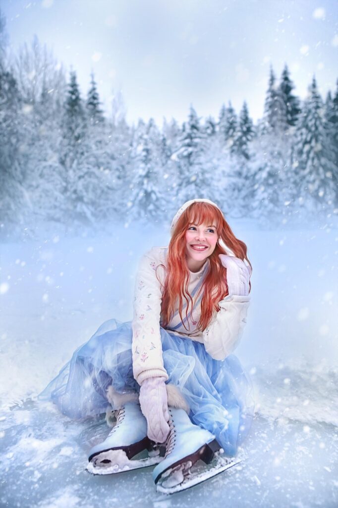 skates, winter, snow, spruce, ice, postcard, sky, redhead, young woman, beauty, nature, portrait